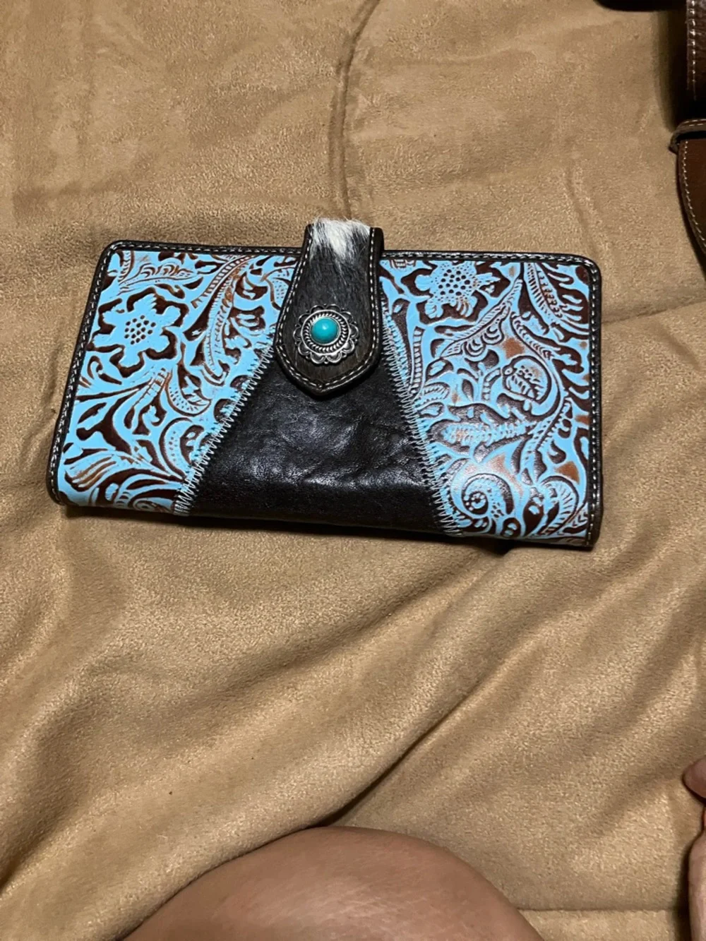 Myra Bag Light Blue Floral Tooled Satchel with Brown & Cowhide Accents
